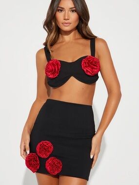Fashion Nova Floral Black Two-Piece Set with Red Rosette Accents